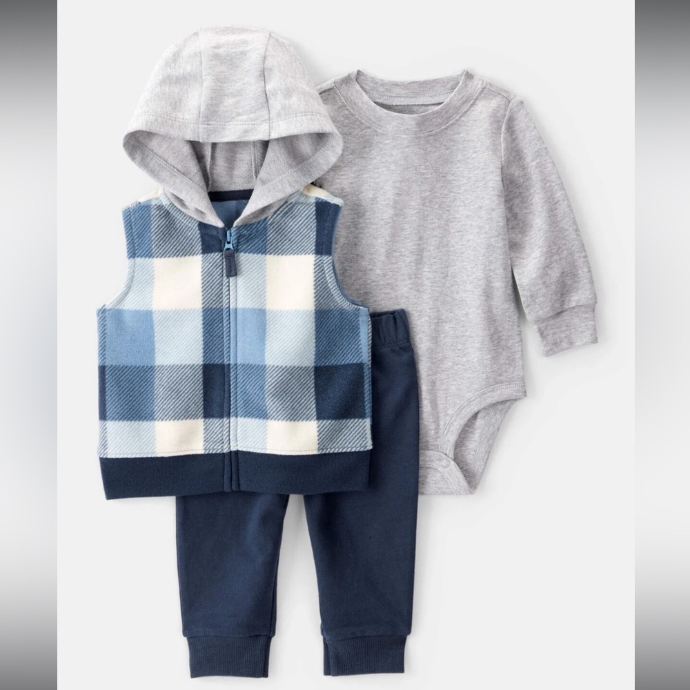 Baby 3-Piece Set - Blue Plaid Vest & Gray Bodysuit